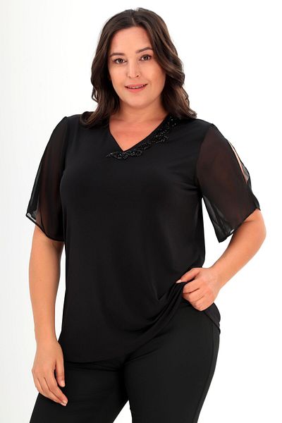 SERTUĞ Trend42Plus Plus Size Collar Stone Striped Black Blouse