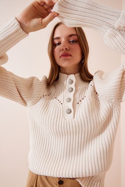 Lovelyİstanbul Openwork Knitwear Sweater - Stylish Button, Cream Lmt0009