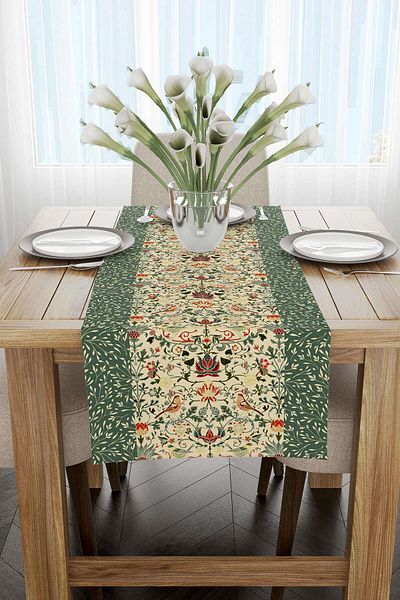 Cango Home Green Motif Flower Bird Patterned Digital Printed Runner Cgh1380-rn