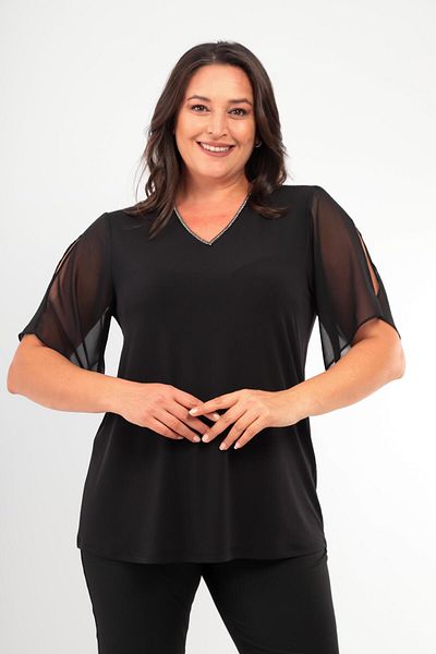 SERTUĞ V-Neck Jewelled Striped Black Blouse - Plus Size, Chiffon and Slit