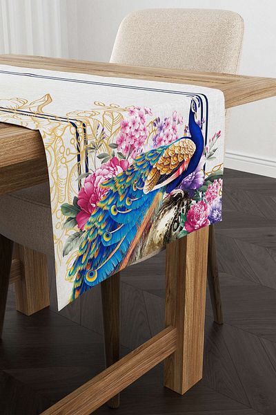 Cango Home Albastru Gri Decorativ Păun Model Digital Printed Runner Cgh1067-rn