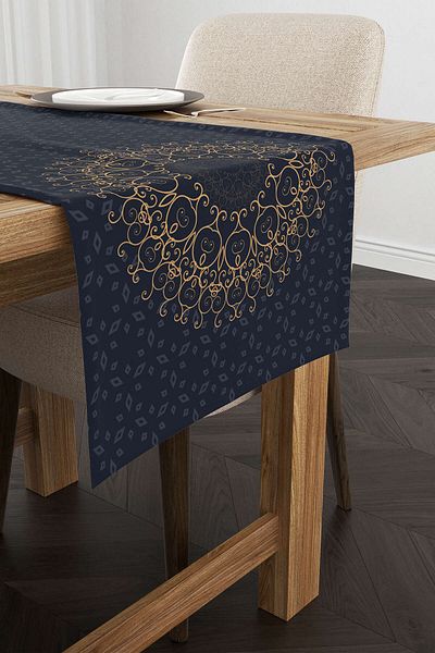 Cango Home Navy Blue Ramadan Themed Motif Patterned Digital Printed Runner Cgh1288-rn
