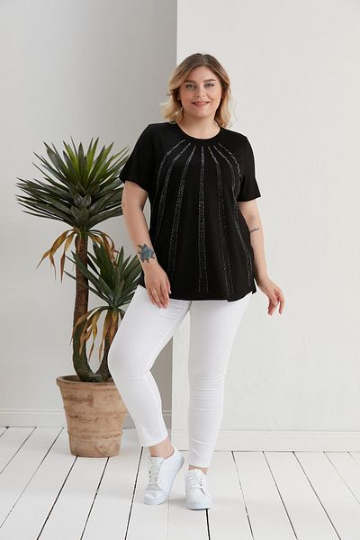 SERTUĞ Plus Size Black Blouse with Curved Stone Detail