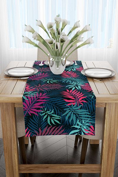 Cango Home Μπλε Navy Pink Tropical Leaf Runner - Cgh054-rn