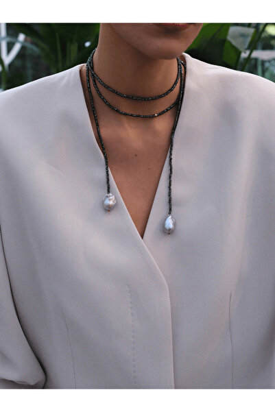 LİNYA JEWELLERY Sedna Barok İncili Hematit Taşlı Uzun Kolye