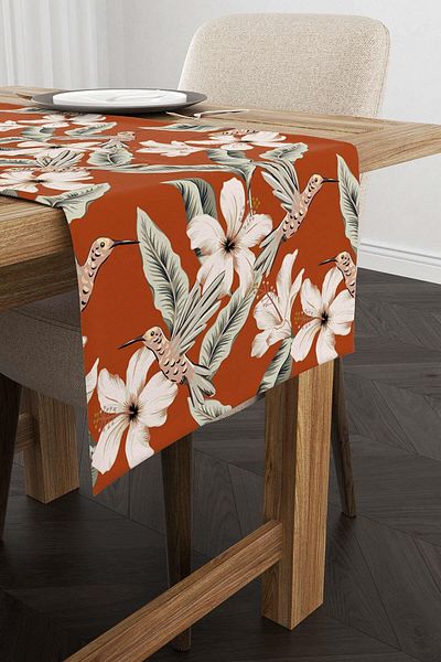Cango Home Orange Floral Bird Patterned Digital Printed Runner CGH1387-RN