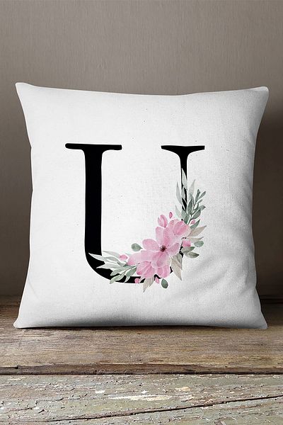 INSENSE HOME Husă de pernă din catifea Babyface, cu două fețe, cu litere florale roz - Litera U