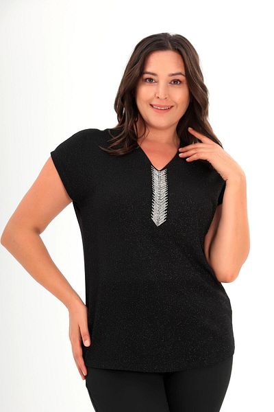 SERTUĞ Trend42Plus Plus Size Collar Stone Printed Low Sleeve Black Blouse