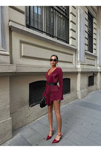 MY DEPO Rochie mini cu decolteu în V adânc din țesătură plisată cu centură