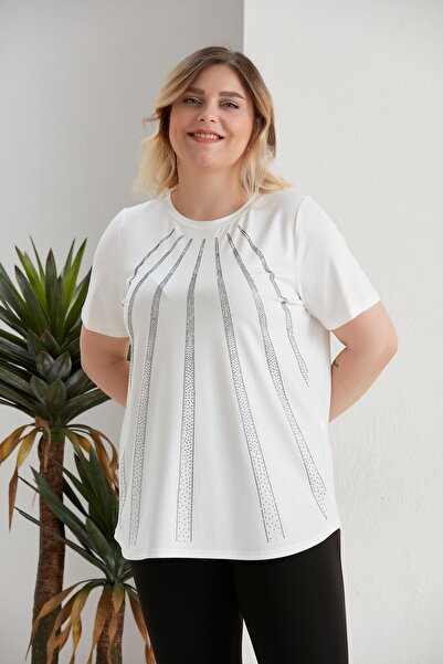 SERTUĞ Plus Size Bias Stone Detailed Ecru Blouse