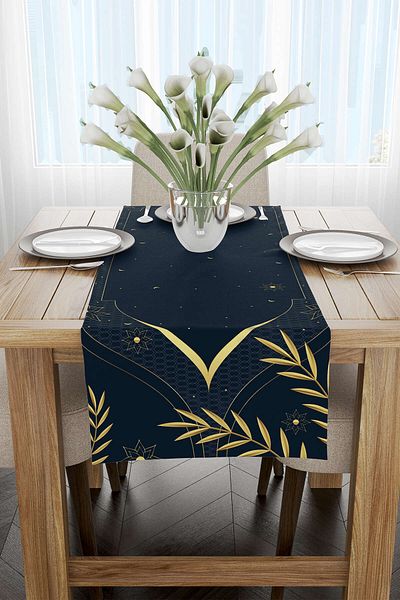 Cango Home Navy Blue Ramadan Themed Decorative Patterned Digital Printed Runner Cgh1300-2-rn