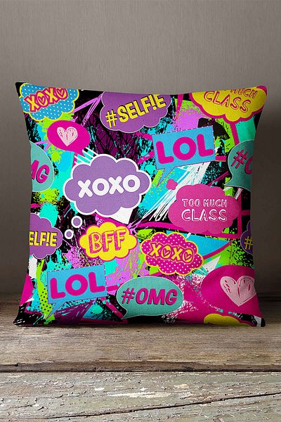 INSENSE HOME Velvet Babyface Față de pernă neagră, multicoloră, cu model Popart, imprimare digitală - Cgh391
