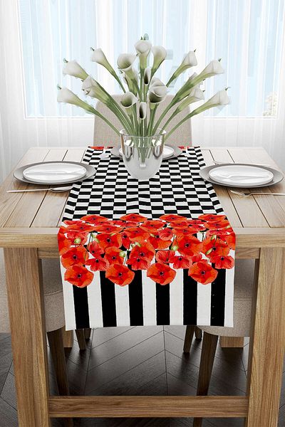 Cango Home Roșu Negru în carouri în dungi cu model floral Runner imprimat digital Cgh1070-rn