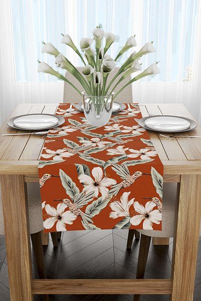 Cango Home Orange Floral Bird Patterned Digital Printed Runner CGH1387-RN