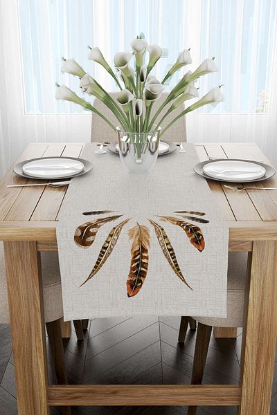 Cango Home Καφέ Bohemian Feather μοτίβο ψηφιακής εκτύπωσης Runner Cgh626-rn