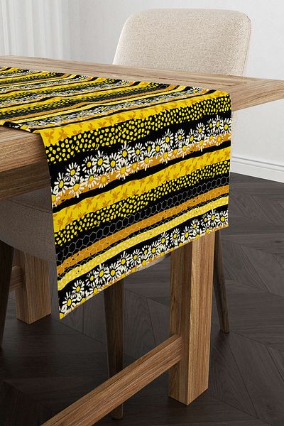Cango Home Yellow Black Daisy Patterned Digital Printed Runner Cgh1193-rn