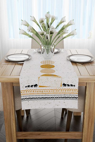 Cango Home Yellow Cream Bohemian Style Elephant Patterned Digital Printed Runner Cgh938-rn