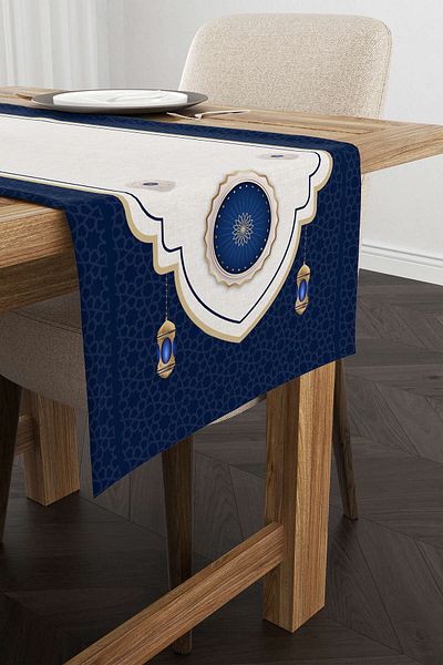 Cango Home Navy Blue White Ramadan Themed Decorative Patterned Digital Printed Runner Cgh1314-rn