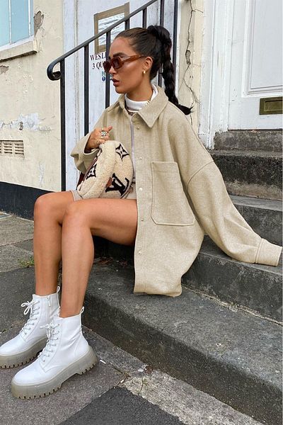 Madmext Μπουφάν Mad Girls Beige Over Size πουκάμισο Mg1281