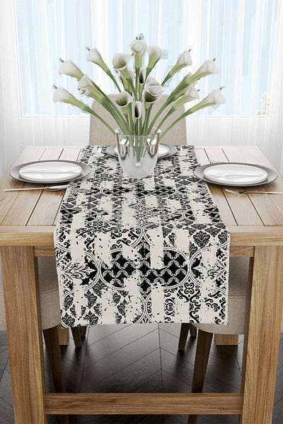 Cango Home Μαύρη κρέμα Ethnic Floral Runner - Cgh134-rn