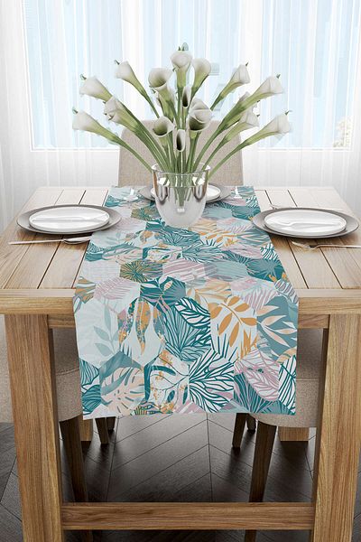 Cango Home Albastru Galben Tropical Model Digital Printed Runner Cgh050-rn