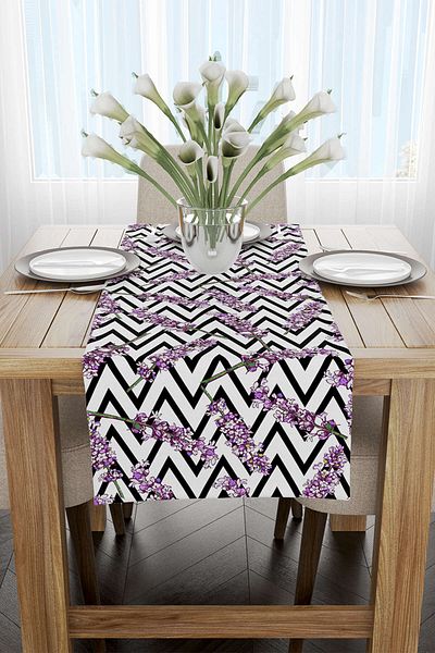 Cango Home Μωβ Floral Runner με Λευκές Μαύρες Ρίγες - Cgh228-rn