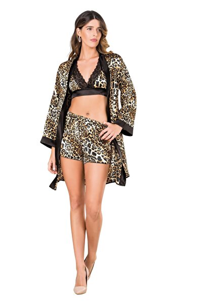 Genel Markalar Leopar Kadın Saten 3'lü Şort Takım