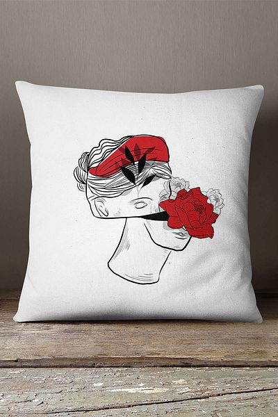INSENSE HOME Velvet Babyface, alb, negru, modern, husă de pernă imprimată digital, cu trandafir și sculptură Cgh544