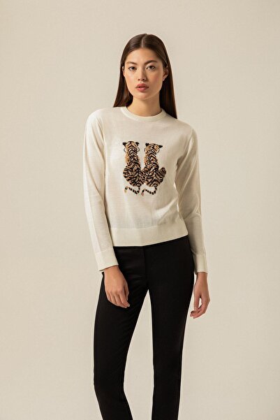 rue Pulover din tricotaje ecru cu detaliu leopard