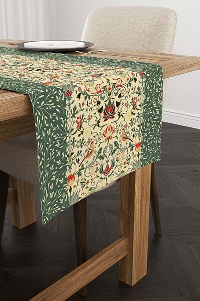 Cango Home Green Motif Flower Bird Patterned Digital Printed Runner Cgh1380-rn