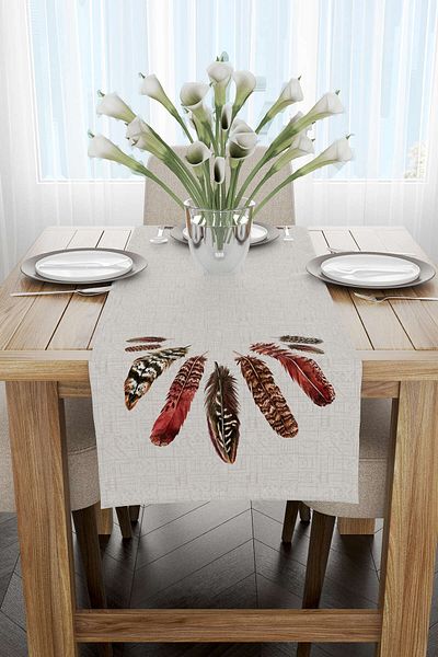 Cango Home Καφέ Bohemian Feather μοτίβο ψηφιακής εκτύπωσης Runner Cgh625-rn