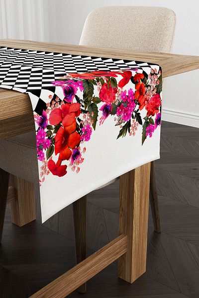 Cango Home Runner cu imprimare digitală cu model floral în carouri alb-negru Cgh1106-rn