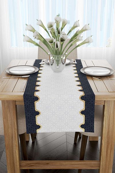 Cango Home Navy Blue White Ramadan Themed Decorative Patterned Digital Printed Runner Cgh1312-rn