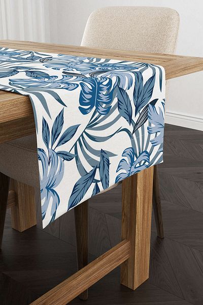 Cango Home Runner cu model frunze tropicale albastre și albe - Cgh020-rn