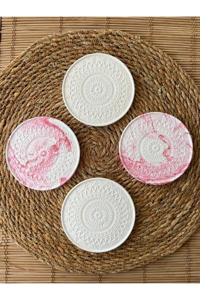 Ueex Home Vıvasto Dekoratif Beton Bardak Altlığı 4'lü  Mozaik Çilek & Beyaz S...
