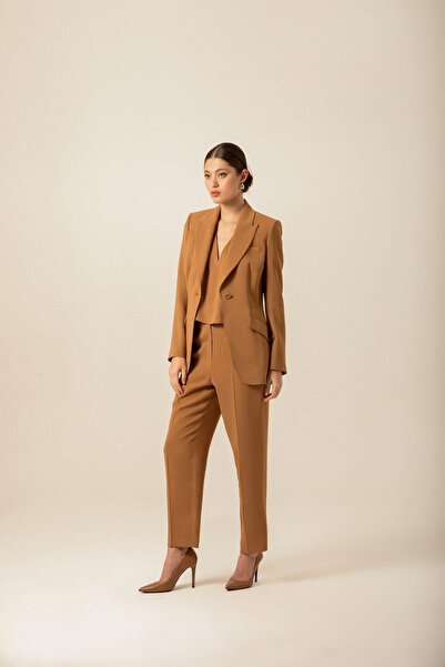 rue Crepe Textured Camel Jacket with Pocket Cover