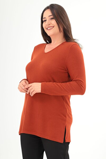 Metpoint Trend42Plus Plus Size V-Neck Split Basic Tile Blouse