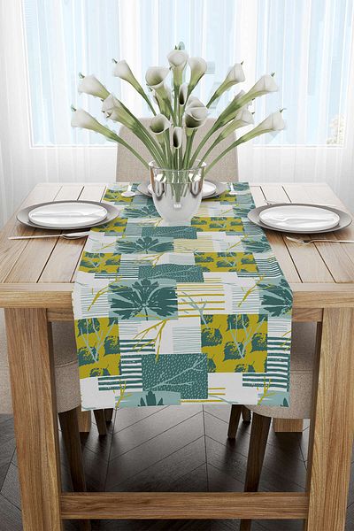 Cango Home Albastru Verde Frunze Decorative Model Imprimate Digital Runner Cgh1198-rn