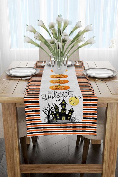 Cango Home Orange Halloween Pumpkin Patterned Digital Printed Runner Cgh772-rn