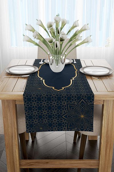 Cango Home Navy Blue Yellow Ramadan Themed Decorative Patterned Digital Printed Runner Cgh1295-2-rn