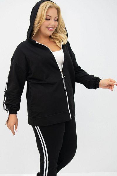 FEEL STYLE Дамски черен комплект анцуг с качулка, цип и щампа отстрани, размер "Pull Size"