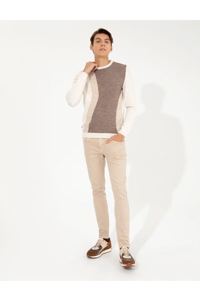 Pierre Cardin Bej Melanj Slim Fit Bisiklet Yaka Triko Kazak 50259800-VR156