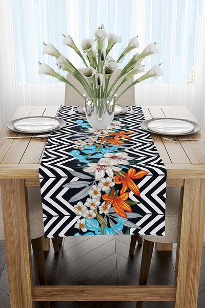 Cango Home Runner cu imprimare digitală cu model în zig-zag floral alb-negru - Otyk523-rn