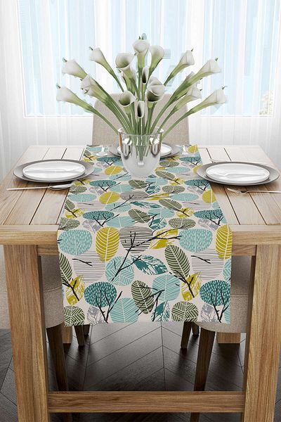 Cango Home Albastru Verde Frunze Decorative Model Digital Printed Runner Cgh1200-rn