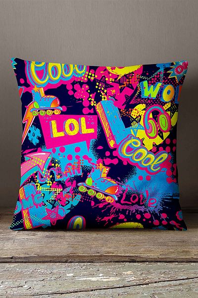INSENSE HOME Velvet Babyface Față de pernă neagră, multicoloră, cu model Popart, imprimare digitală - Cgh397