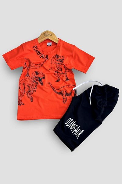 TRİLİYA Boy's Dinosaur Printed T-Shirt and Capri Set - Economical Summer Fashion