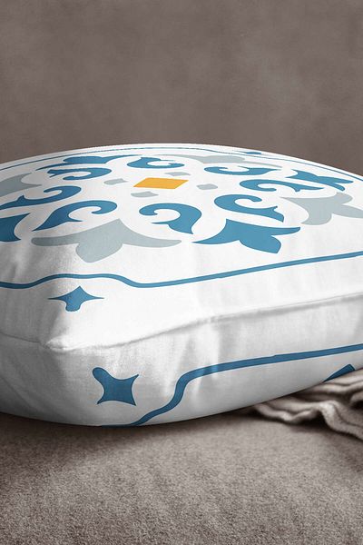 INSENSE HOME Βελούδινο Babyface Λευκό Μπλε Μοντέρνο Ethnic Πλακάκι με μοτίβο ψηφιακής εκτύπωσης Κάλυμμα μαξιλαριού ριχτάρι