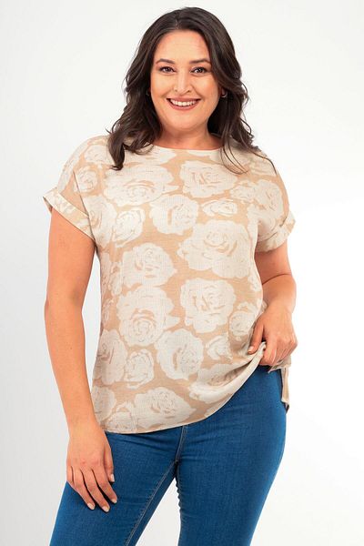 Trend42plus Plus Size Patterned Low Sleeve Basic Mink Blouse