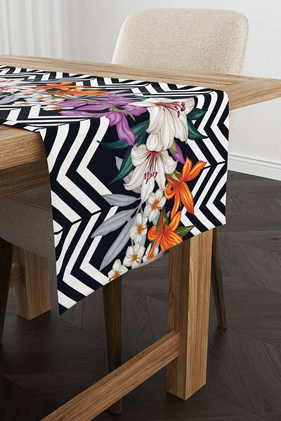 Cango Home Ασπρόμαυρο Floral Ζιγκ-ζαγκ μοτίβο ψηφιακής εκτύπωσης Runner - Otyk524-rn