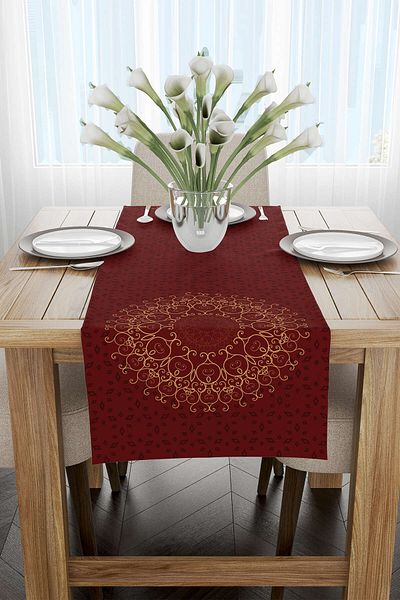 Cango Home Red Claret Red Ramadan Themed Motif Patterned Digital Printed Runner Cgh1286-rn